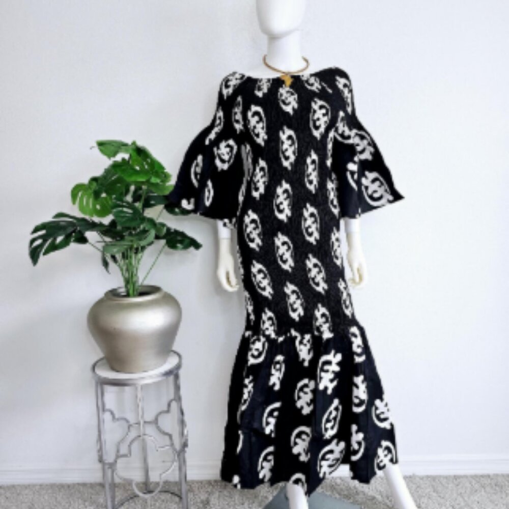 Smocked Maxi Mermaid Denim Dress with Ruffle Sleeve - One Size Fits M - 2XL